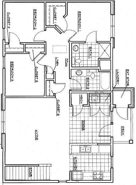 Floor plan for 3 beds, 2 baths, 1261 sqft